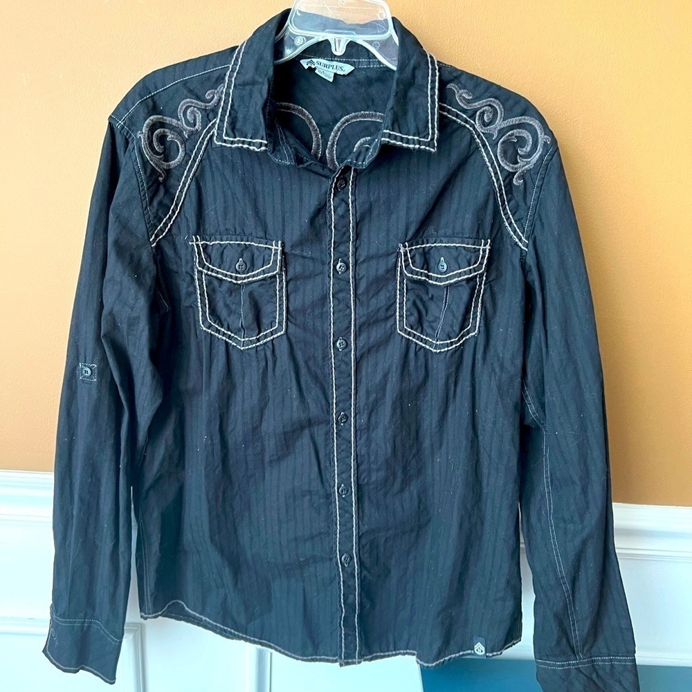 SURPLUS Men’s Western Black Embroidered Shirt Button Down Affliction Y2K Size L